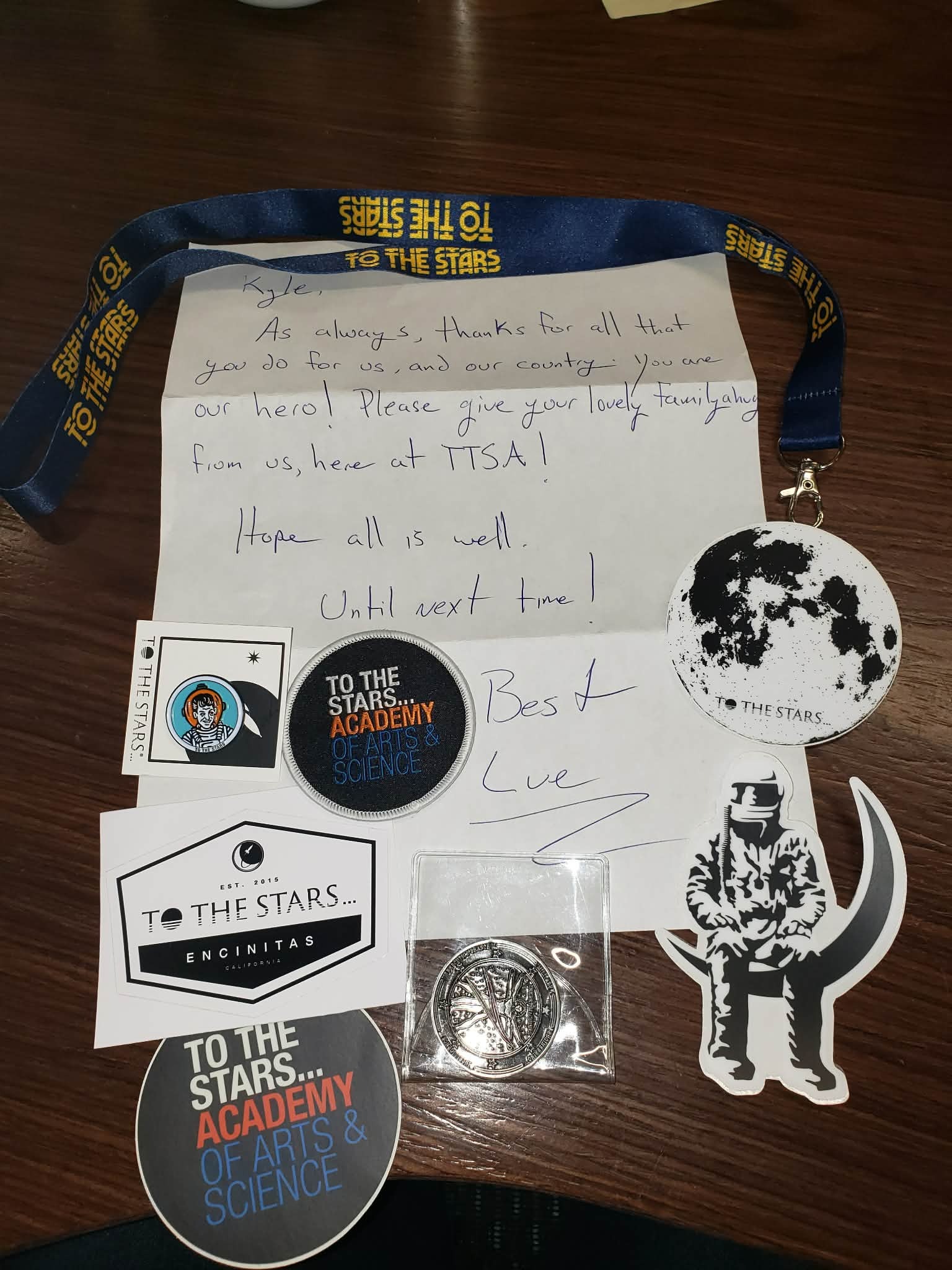 Letter and gifts Kyle received from Lue Elizondo and To The Stars